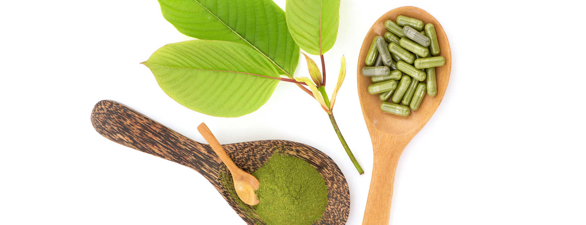 kratom powder and capsules on wood spoons